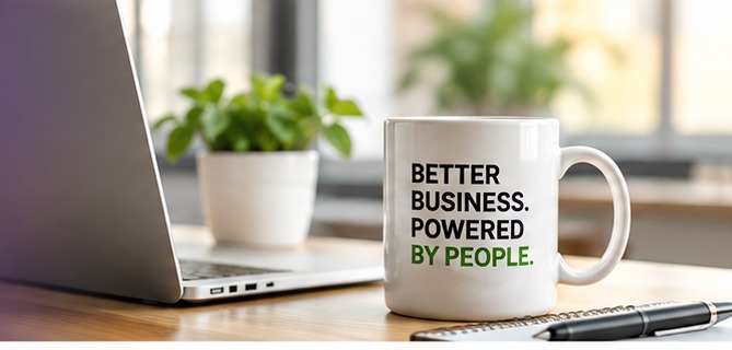 Laptop workspace with Better Business. Powered by People. mug